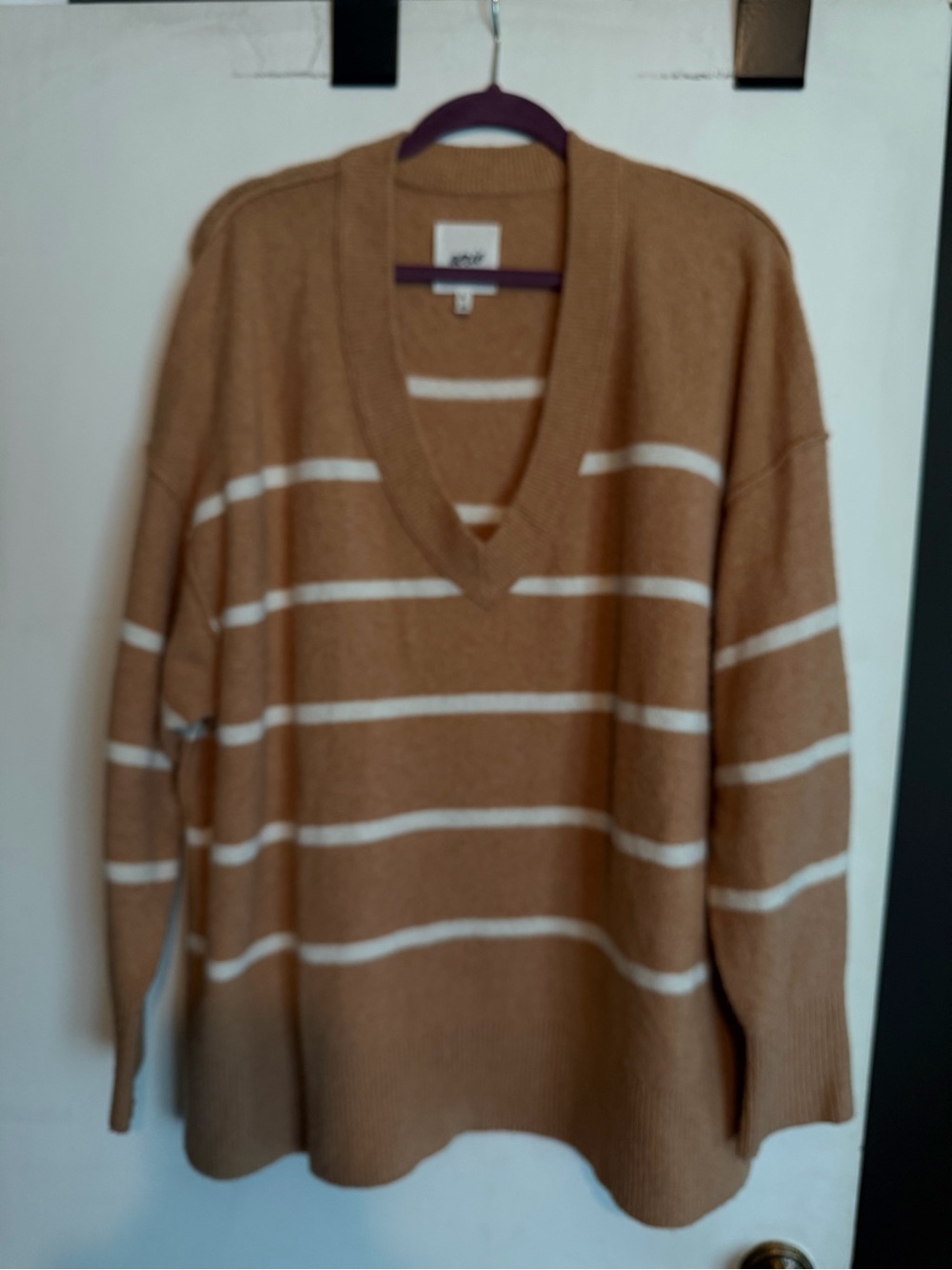 Aerie V-Neck Striped Sweater in Camel and White